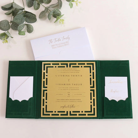 Dark Green Emerald Green Velvet Suede Luxury Acrylic Wedding Invitations with 3D Envelope and Acrylic Monogramme