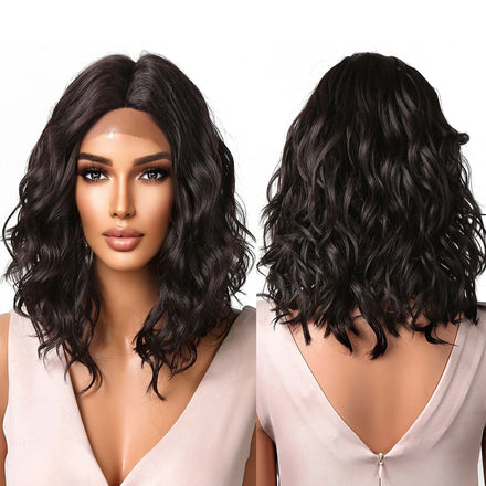 Japan Synthesis Black Brown Synthetic Lace Wigs Medium Curly Wave Natural Futura Lace Hair for Heat Resistant Wigs