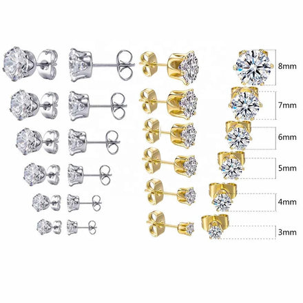 3mm to 8mm Small No Tarnish Fade 316l Stainless Steel Stud Earrings 18k Gold Plated White Black Round Zircon Stud Earrings