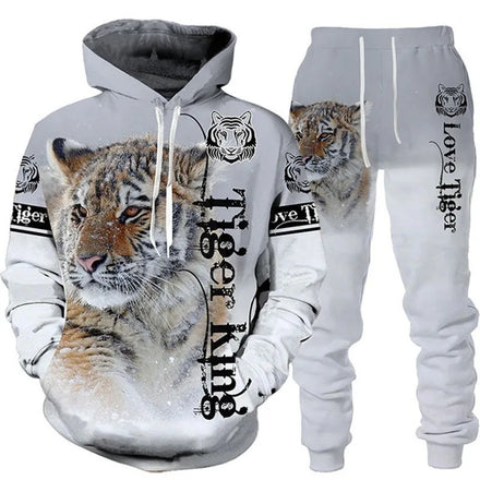 Cool Men's Casual Sportswear Tracksuit Set Autumn and Winter 3D Tiger Printed Hoodie Pants Suit New Animal Design