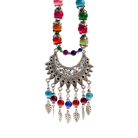 Retro Bohemian Flower Pendant Necklace Turquoise Sterling Silver Plated Link Leaf Bead Tassel Engagement Wedding Anniversary