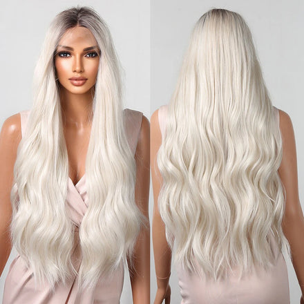 Japan Fiber Long Curly Synthetic Lace Wig Platinum White Natural Wave Futural Wig with Dark Roots for Women Heat Resistant Lace