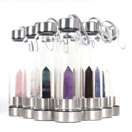 Custom Logo Healing Energy Crystal Water Bottle Bamboo Glass Rose Gold Glass Elixir Water BottleCrystal Water Bottle
