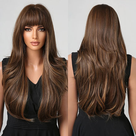 Supplier Wholesale Prices Dark Brown Mixed Blonde Synthetic Wigs with Bang Long Natural Wavy Hair Wig for Heat Resistant Hair