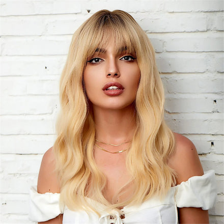 Factory Fast Delivery Blonde Ginger Yellow Synthetic Wig with Bangs Mid-Length Curly Wave Wig Dark Roots for Women Natural Heat
