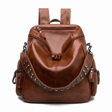 Fashion Design Large Capacity Shoulder Sling Rivet Backpack Bag Ladies Casual Zipper Soft Pu Leather Backpack for Women