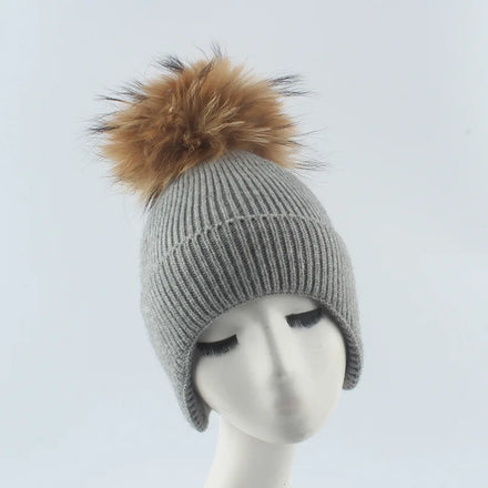 2025 New Adult Raccoon Fur Pompom Knitted Hat Autumn Winter Warm Light Plate Ear protection Rabbit Velvet Yarn Hat Beanie