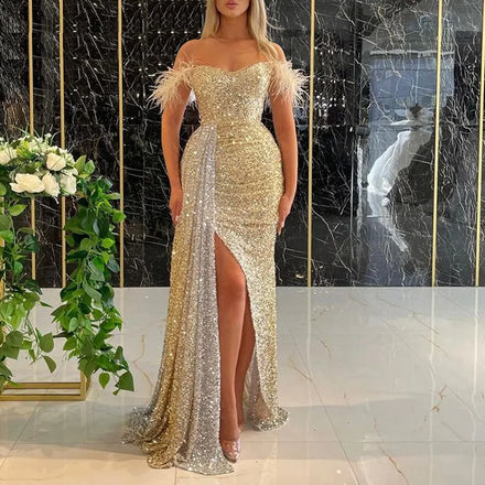 Big Sales Formal Party Long Casual Evening Dress With Split Bridesmaid Gold Color Gowns Dresses