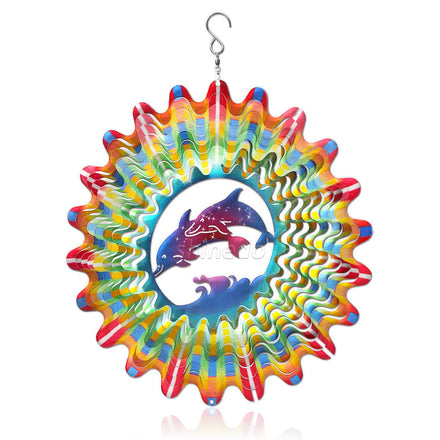 Moving Rainbow Dolphin Wind Spinner 3D Stainless Steel Hanging Patio and Garden Outdoor Decorations