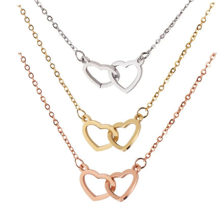 Valentine's Day Stainless Steel Double Love Heart Necklace Gold Silver Rose Gold Interlocked Heart Pendant Necklace for Women