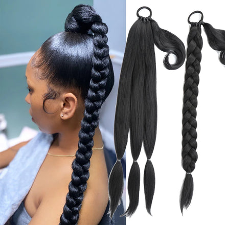 Sharopul High Temperature Fiber Long Braids Ponytail Extension Yaki Straight 34inch Reusable DIY Styles Single Weft Wrap Top Tie