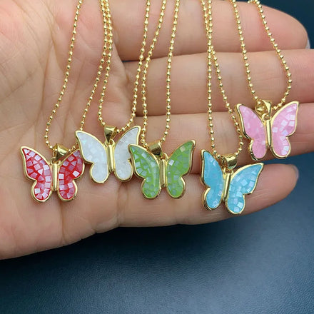 NP1036 Chic Dainty 18k Gold Plated pink Blue Green White Shell Mosaic butterfly Pendant Necklace for Women Ladies