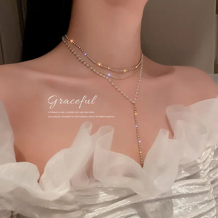 Fashion Simple Real Gold Plating Y Shape Stick Pendant Necklace Korean Pearl Diamond Multilayer Long Tassel Necklace for Women