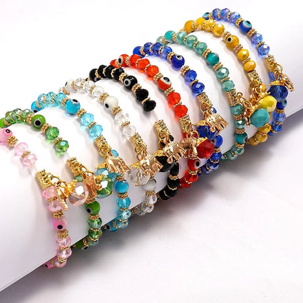 Ins Fashion Gold Plated Alloy Evil Eye Elephant Charm Bracelets 6mm Beads Luxury Elastic Women & Kids Gift