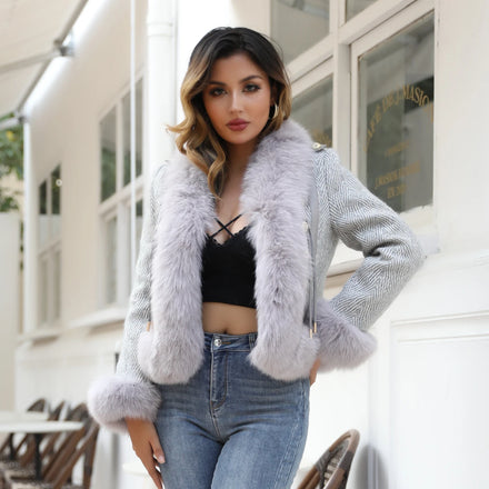 Cashmere Wool Fox Fur Coat Crop Jacket Women Fur Coat Winter