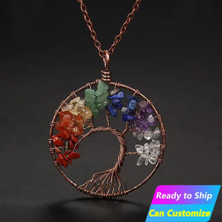 Wholesale Natural Crystal Seven Chakra Gemstone Tree of Life Necklace Children's Crushed Stones Pendant Healing Quartz