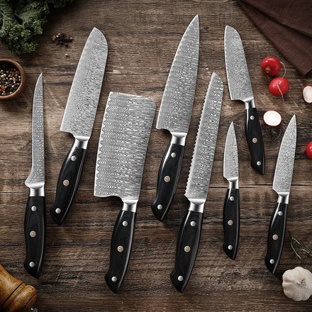 8PCS Professional Western Laser Pattern Damascus Kitchen Knife Set Newest Chef Cleaver