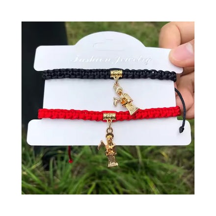 Red Thread Gold Plated Adjustable Length Unisex Handmade Braided Santa Muerte Holy Death Charm Bracelet for Couple