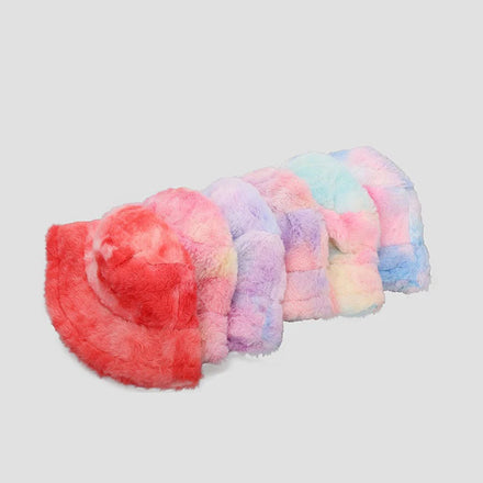 New Tie Dye Colorful Winter Bucket Autumn Winter Warm Plush Women Faux Fur Bucket Hat