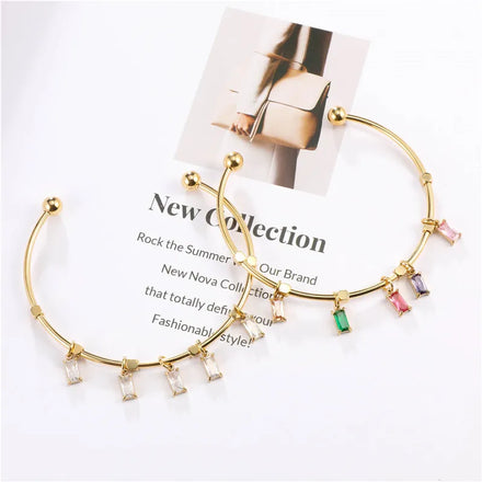 Valentine Gift Gemstone Bracelet Tarnish Free 18K Gold PVD Stainless Steel Pendant Bangle Colorful Oblong Ziron Charm Bracelet