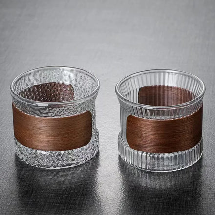 Customizable High Borosilicate Metal Coffee Cup Set Vertical Grain Walnut Insulation Transparent Wood Reusable Cups