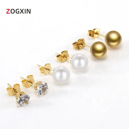 Women and Kids Gold Color Pearl Crystal Ball Press Piercing Stud Earrings Stainless Steel Fashion Drop Earrings Wholesale