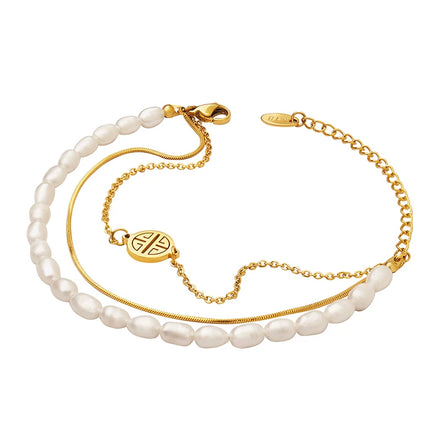 Retro Design Three Layer Freshwater Pearl Gold Bracelet Stainless Steel Bracelet