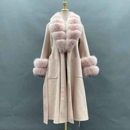 Handmade Double Face Fake Fox Fur Collar Coat Wholesale Women Wool Cashmere Fur Coat