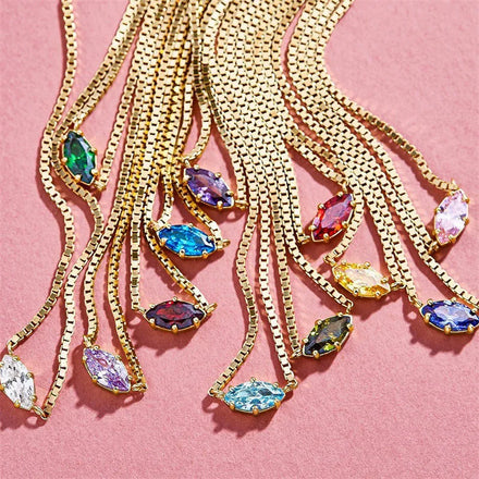 Simple Single Diamond 12 Birthstone Necklace Female Color Marquise Zircon Box Chain 14k Gold Plated Clavicle Chain Accessory