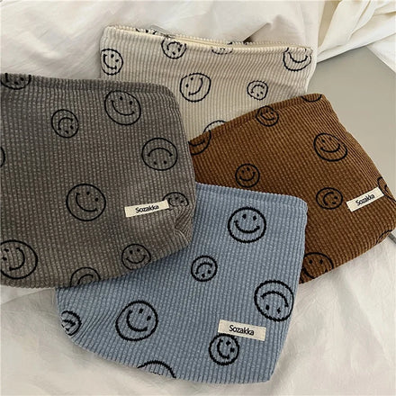 Corduroy Cosmetic Bags Aesthetic Design Ladies Tote BagWomen's Pencil CaseCute Smiley Face Makeup Organizer with Zipper