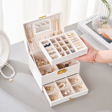 Promotion Luxury 3 Layer Rectangle Jewellery Organizer Case Stackable PU Leather Big Jewelry Storage Box with Key Lock