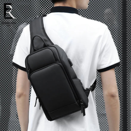 USB Charging Men Multifunctional Black Waterproof Chest Bag 34x20x10cm