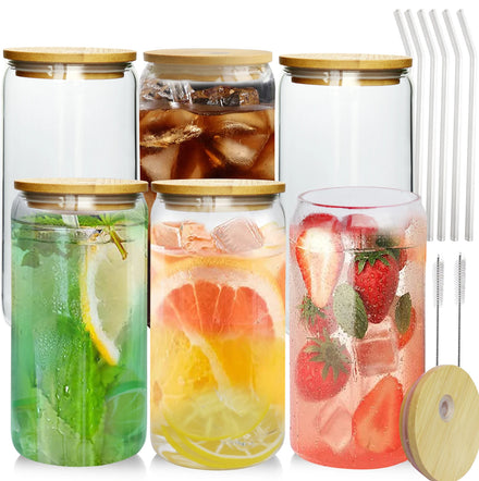 JM Wholesale Custom Logo High Borosilicate 12oz 16oz 20oz Beer Can Shape Glass Leak-Proof BPA Free Lid Bamboo Straw Soda Cup