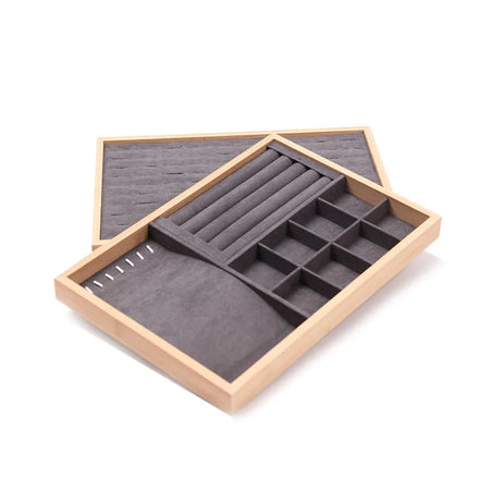 Dark Gray Velvet Bamboo Jewelry Trays Earrings Rings Necklace Bracelet Cross Display Organizer Tray Holder