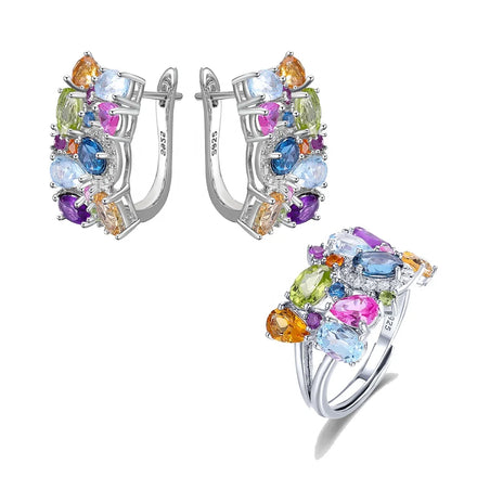A4014 Abding Wholesale Genuine 100% 925 Sterling Silver Jewelry Set Mix Gemstone Earrings Adjustable Ring