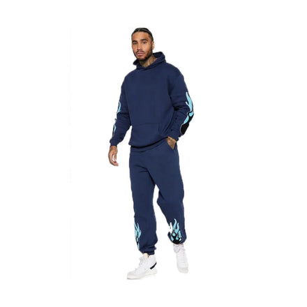 KY Flame Fire Chenille Embroidered Hoodie Customizable Men's Jogger Sweat Suits with Logo for Autumn Jogger SUITS