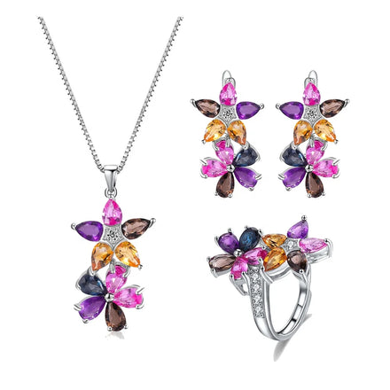 A3546 Abding New Arrival Colored Real Gemstone 925 Silver Necklace Earrings Ring Fine Jewelry Set for Women Birthday Gift