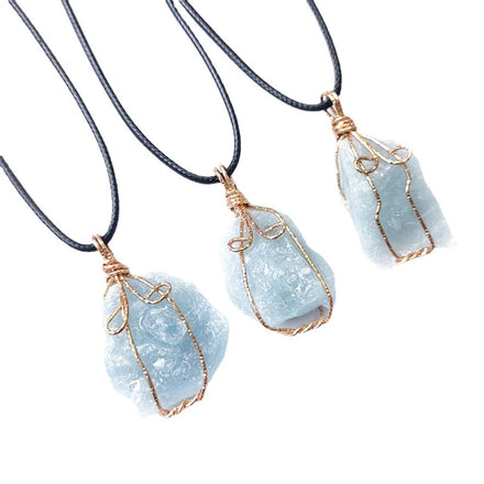 Handmade Gemstone Gold Wire Wrapped Pendant Natural Blue Aquamarine Raw Crystal Pendants for Necklace