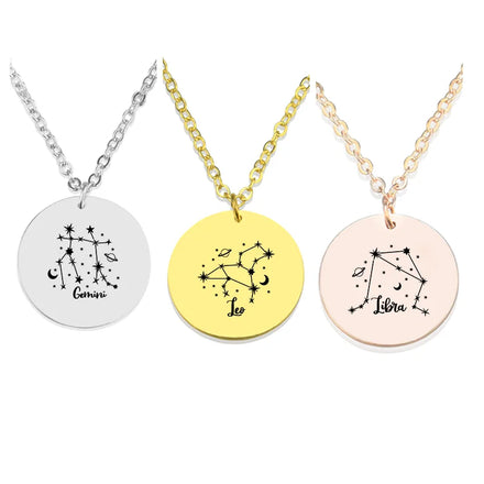 12 Constellations Circle Pendant Lucky Horoscope Engraved Jewelry Adjustable Men Women Stainless Steel Zodiac Sign Necklace