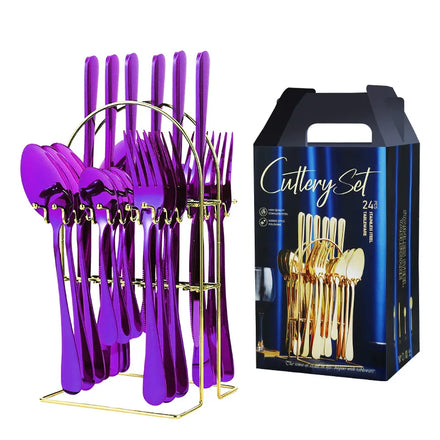 High-grade Purple Wedding Cutlery Stainless Steel Set Steak Flatware Knife Fork Spoon Set 24 Pcs