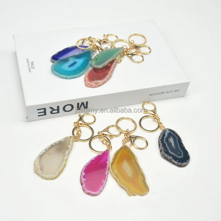Natural Agate Slice Raw Stone Rainbow Electroplated Irregular Shape Keychain Key Ring Bag Pendant Charm
