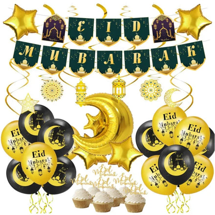 Ramadan 2023 EID Mubarak Decor Balloon Banner Hanging Star Moon Swirls & Cake Toppers for Garden Family Restaurant Eid Supplies