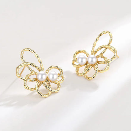 Hot Sale Large Drop Bohemian Hollow Vintage Metal with Pearl Flower Stud Earrings Jewelry for Women and Girls