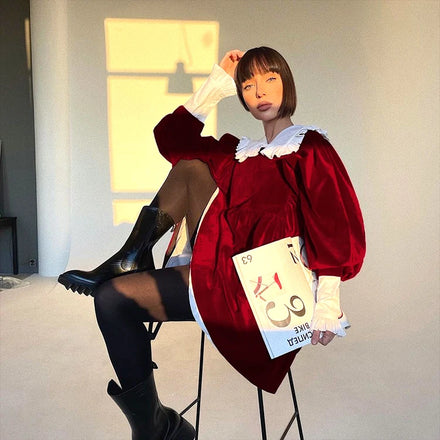 Spring Autumn Peter Pen Collar Long Sleeve Short Dresses Women Lady Elegant Vintage Women's Red Velvet Dress