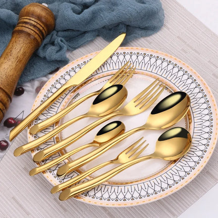 18-0 Wave Handle Forged Stainless Steel Flatware Set Bias-Cut Bases Handle Cutlery Set 24kt Gold Plated Flatware