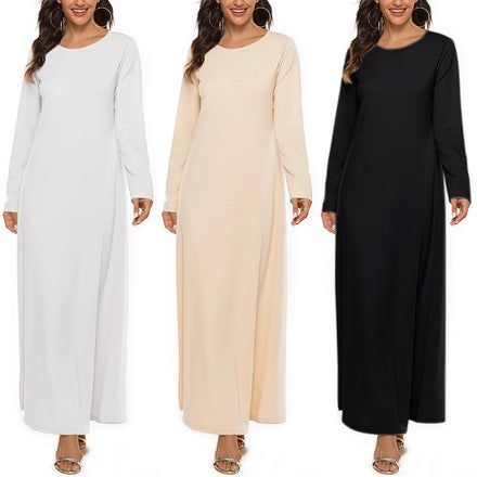 S-XL New Muslim Basic Long Sleeve Inside Dress Loose Round Neck Long Sleeve Dress