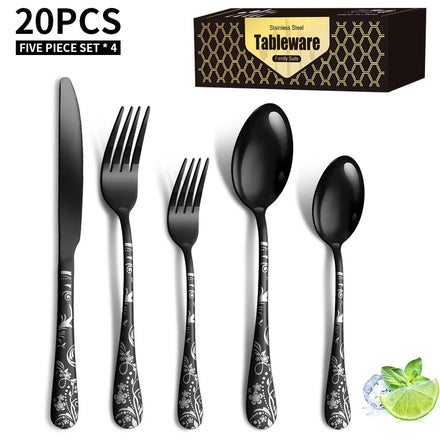 Best Selling Stainless Steel Mirror Black Cutlery Set Craft Pattern Western Flatware Knife Fork Spoon 20 Pcs Set