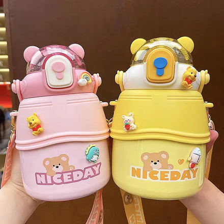 1000ml Cartoon 304 Stainless Steel Bear Thermos Strap Cup Students Straw Pot Cup Children's Kettle Water Bottle