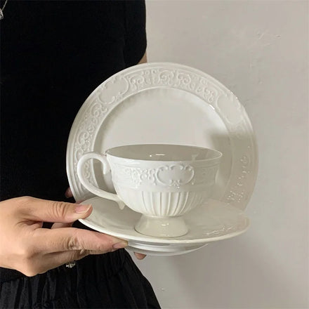 Wholesales Ins Embossed Ceramic Mug and Saucer Set Exquisite Afternoon Tea Cup Set Creative Dessert Cake Plate