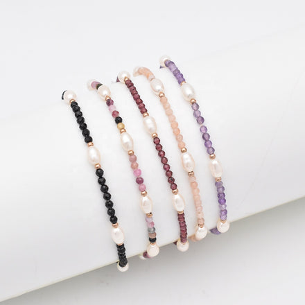 Faceted Tourmaline Freshwater Pearl Beaded Bracelet Rose Gold Plated Stainless Steel Adjustable Trendy Women's Anniversary